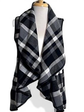 HYFVE Black White Plaid Drape Open Front Vest Faux Snakeskin Trim Pockets Small